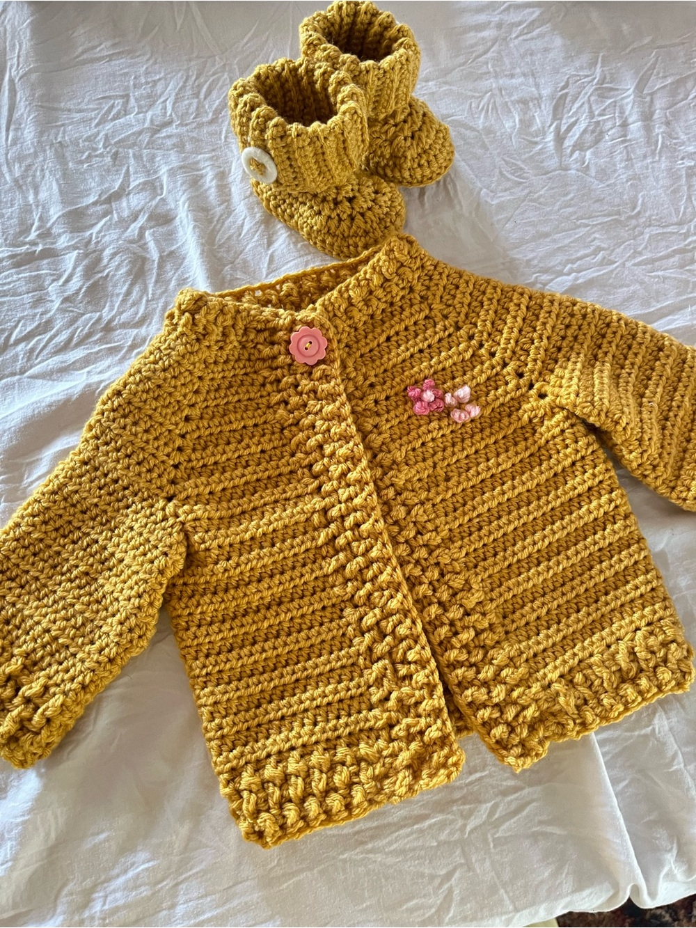 Hand Crafted Mustard Yellow Crochet Baby Cardigan with Booties